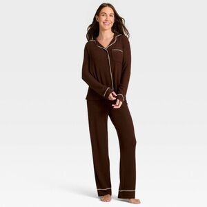 Women’s Cozy Ribbed Notch Collar Long Sleeve Shirt And Pants Pajama Set Size L